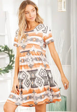 Load image into Gallery viewer, Short Sleeve Round Neck Aztec Print Dress With Ruffled Detail