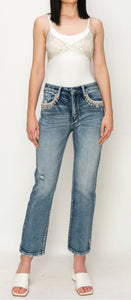 Pocket Rhinestone Crop Denim Jeans