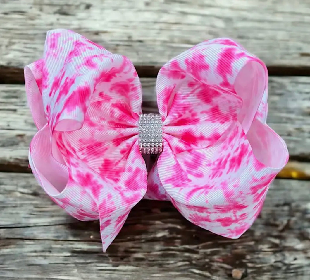 Neon Pink Tie Dye Printed Double Layer Hair Bow