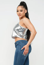 Load image into Gallery viewer, Silver Sequins Spaghetti Strap Crop Top