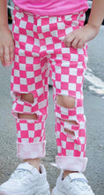 Load image into Gallery viewer, Hot Pink Checker Printed Distressed Denim Pants