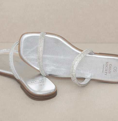 The Lucy Metallic Silver | Satin Lined Rhinestone Strappy Flat Sandal