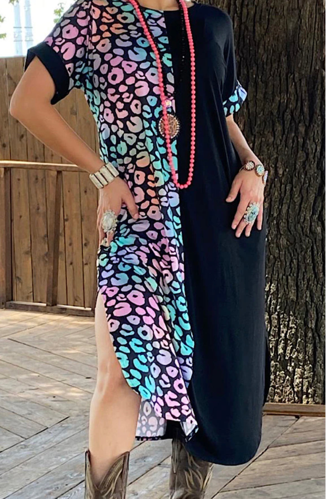 Multi Color Leopard & Black Half Maxi Dress