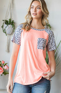 Neon Coral Solid and Animal Print Top