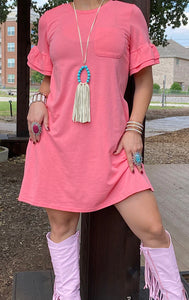 Pink Dress With Front Pocket & Ruffle Sleeves