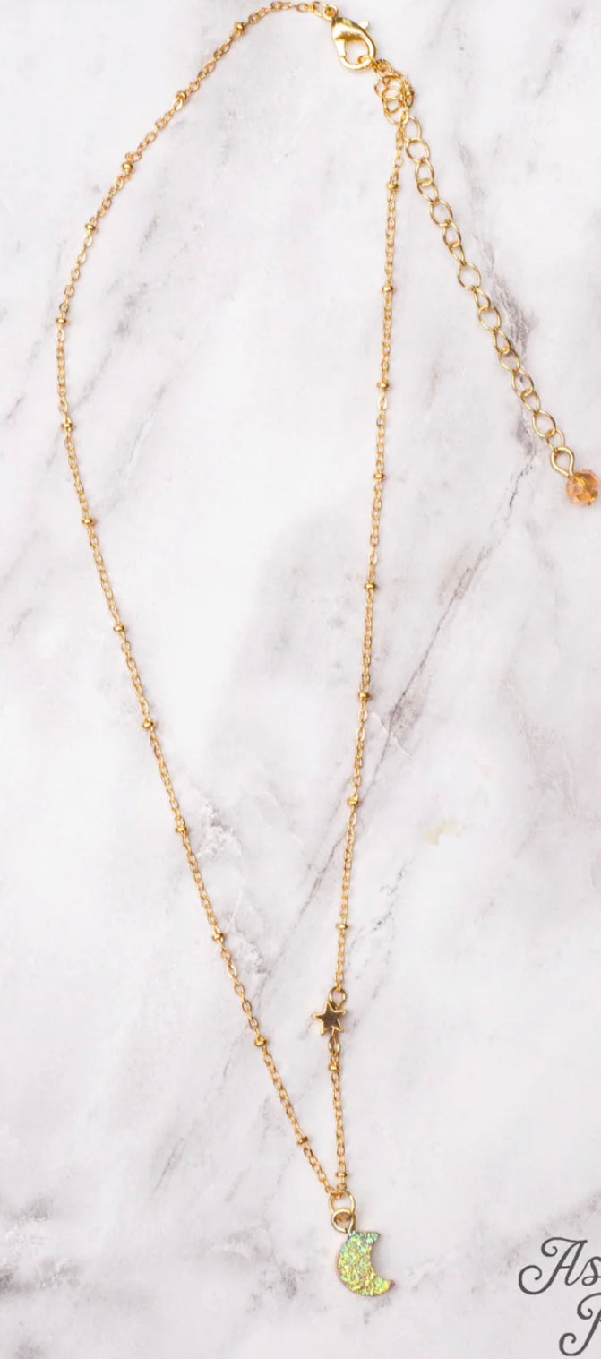 Talking To The Moon Iridescent Druzy Quartz Pendant Gold Necklace, AB