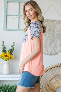 Neon Coral Solid and Animal Print Top