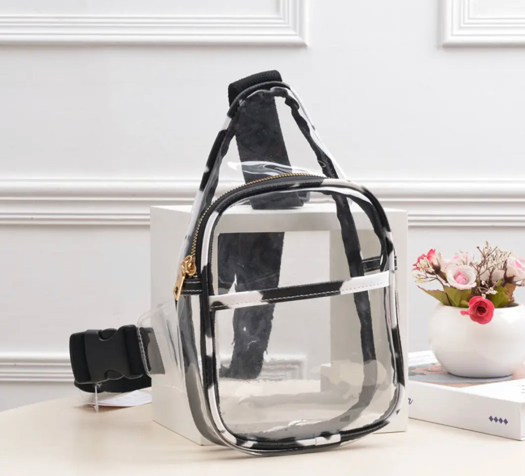 Black & White Cow Print Edged Clear Mini Sling Bag