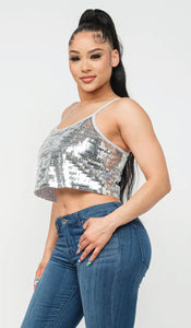 Silver Sequins Spaghetti Strap Crop Top