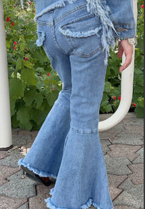 Distressed Denim Pants with Fringe Back Pockets
