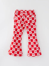 Load image into Gallery viewer, Girls Red Bow Print Plaid Flared Jeans