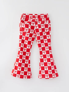 Girls Red Bow Print Plaid Flared Jeans