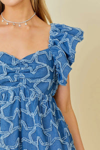 Denim Star Distress Ruffle Romper