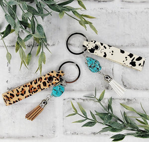 Cowhide Turquoise Tassel Keychain In Cheetah & Cow Print