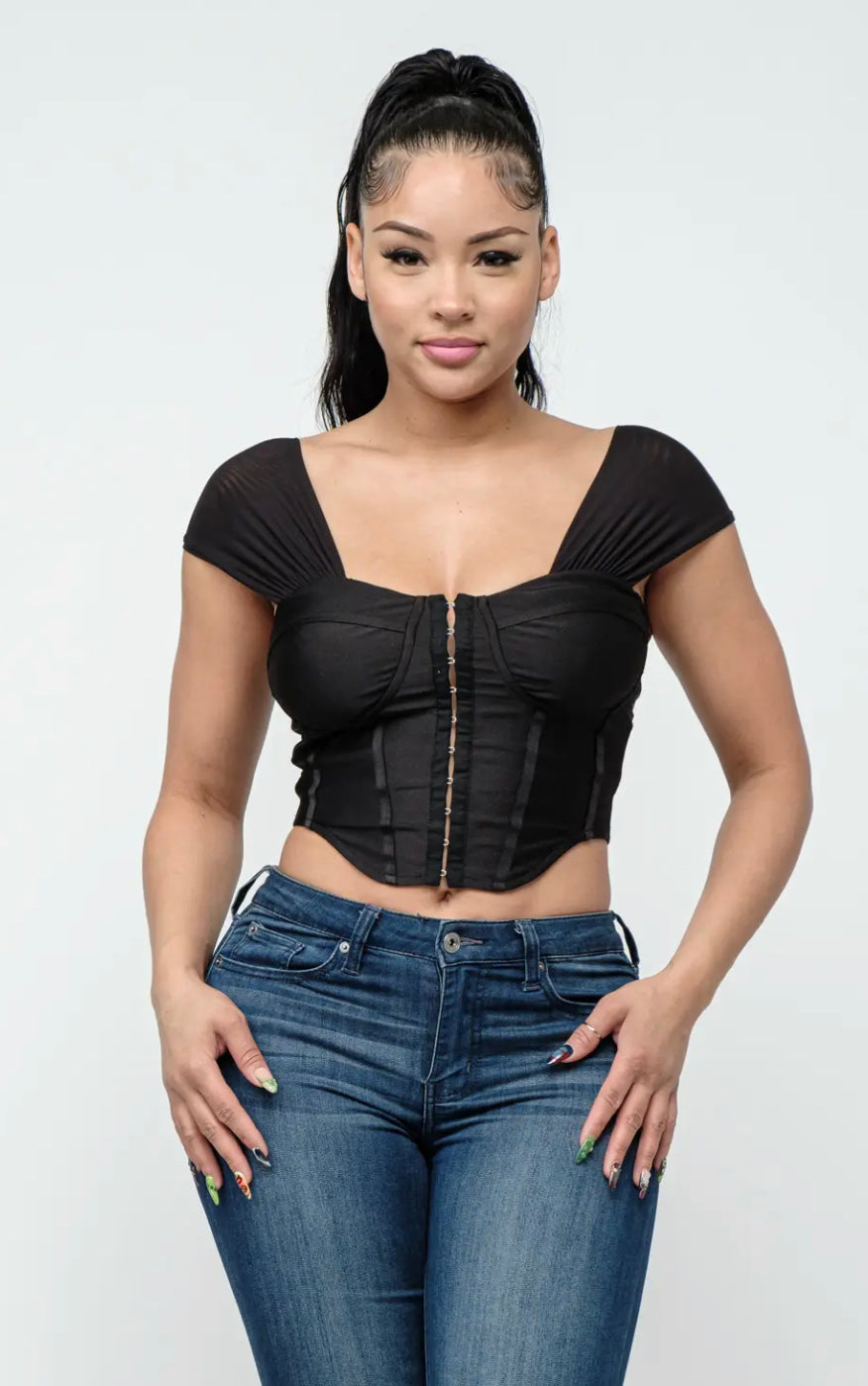 Hook And Eyelet Corset Style Mesh Shoulder Top