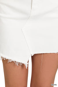 Frayed Asymmetric Hem White Denim Skirt