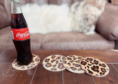 Cowhide Leopard Print Coaster - 4pc Set