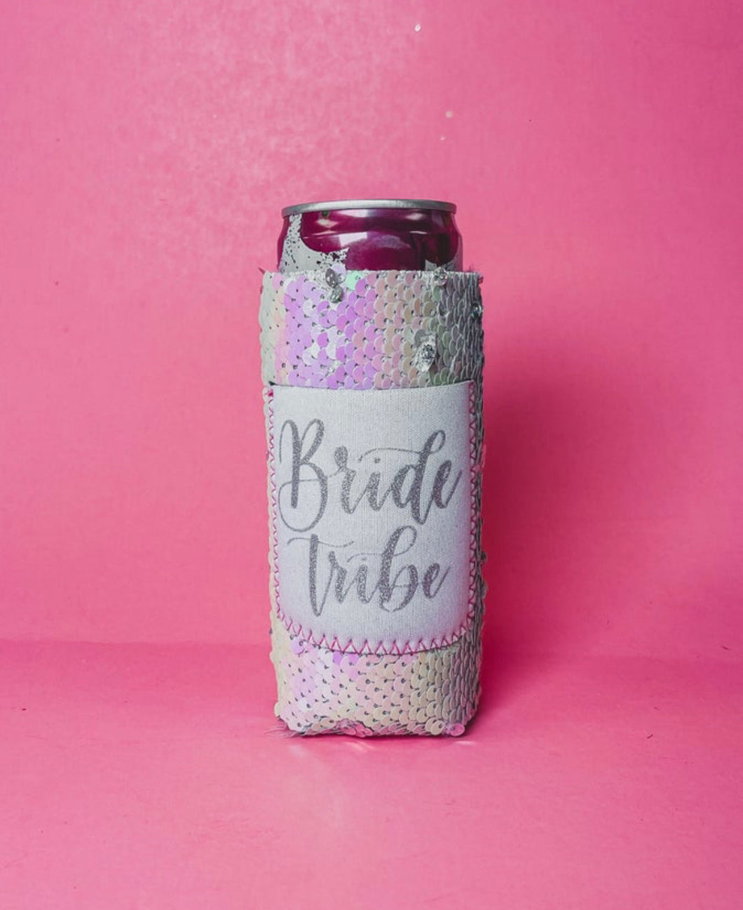 Bride Tribe On Iridescent 2 Tone Sequins Slim Can Cooler