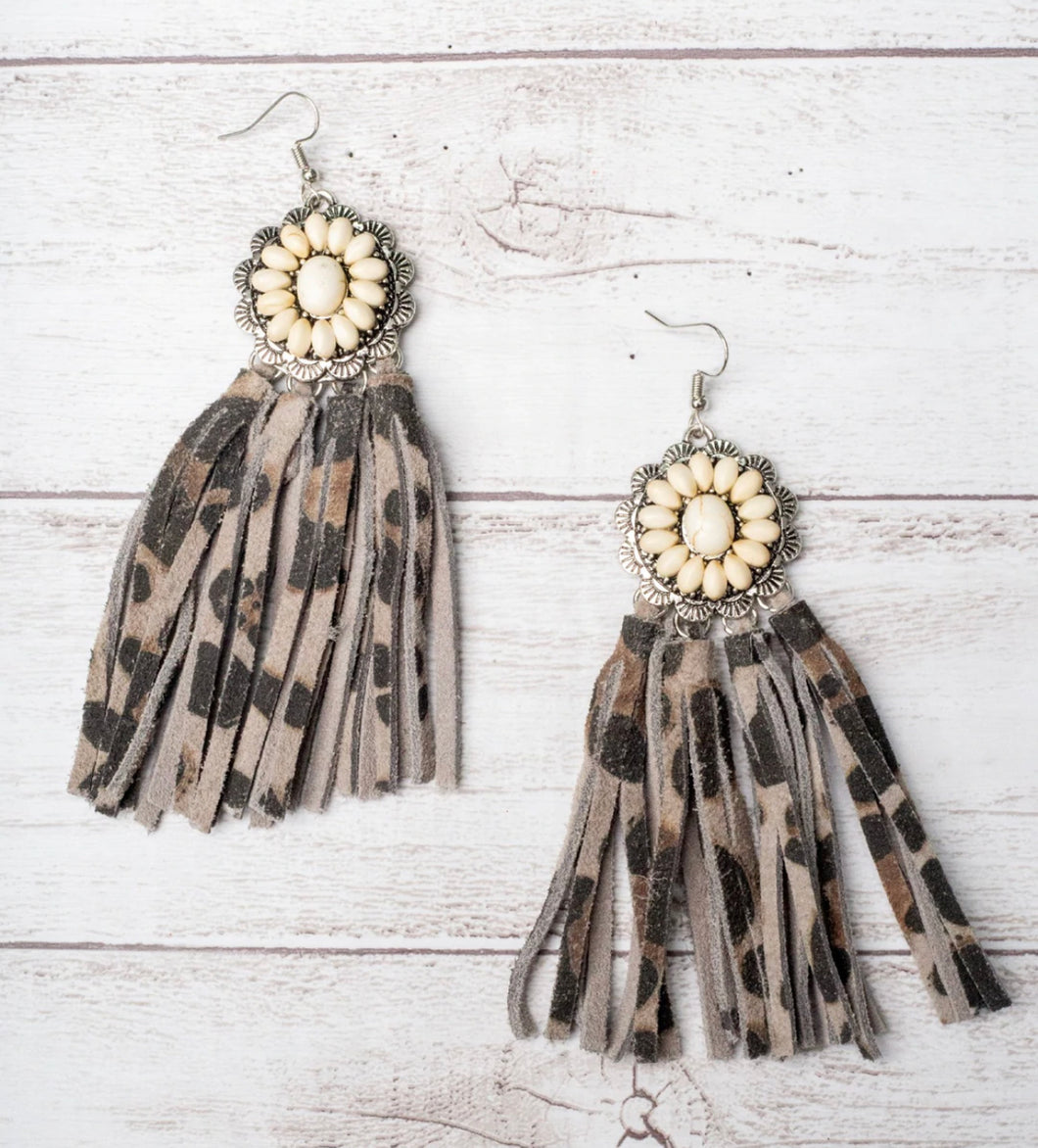 Howdy Babe Turquoise Floral Concho Vintage Leopard Tassel Earrings