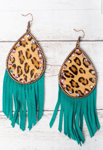 Get In Cowgirl, We're Goin' To NFR Leopard Teardrop Turquoise Fringe Earrings