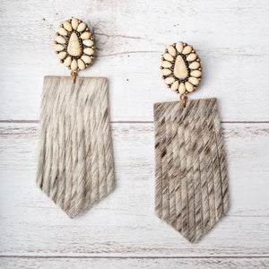 I'll Be Your Ranch Hand White Howlite Floral Concho With White Cowhide Fringe Earrings