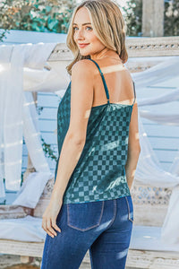 Teal Satin Checkerboard Cowl Neck Camisole Top