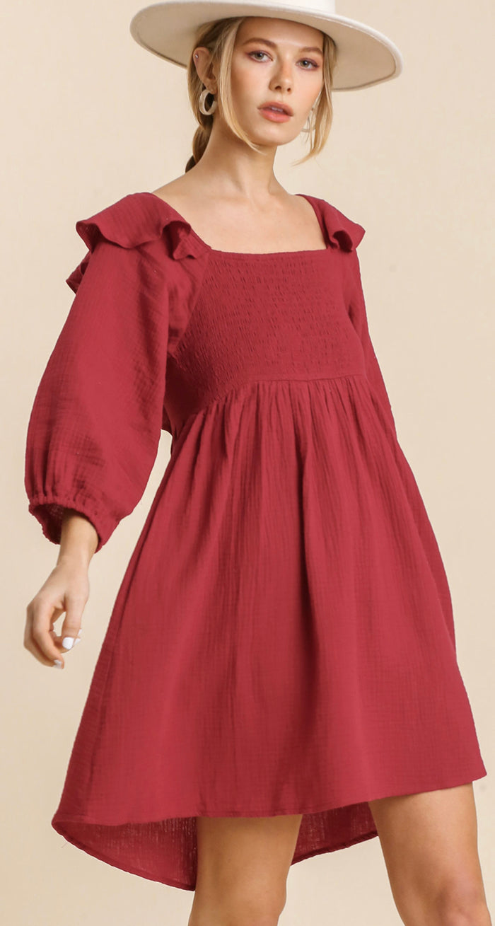 Gauze 3/4 Sleeve Dress with Smocking Ruffle Detail