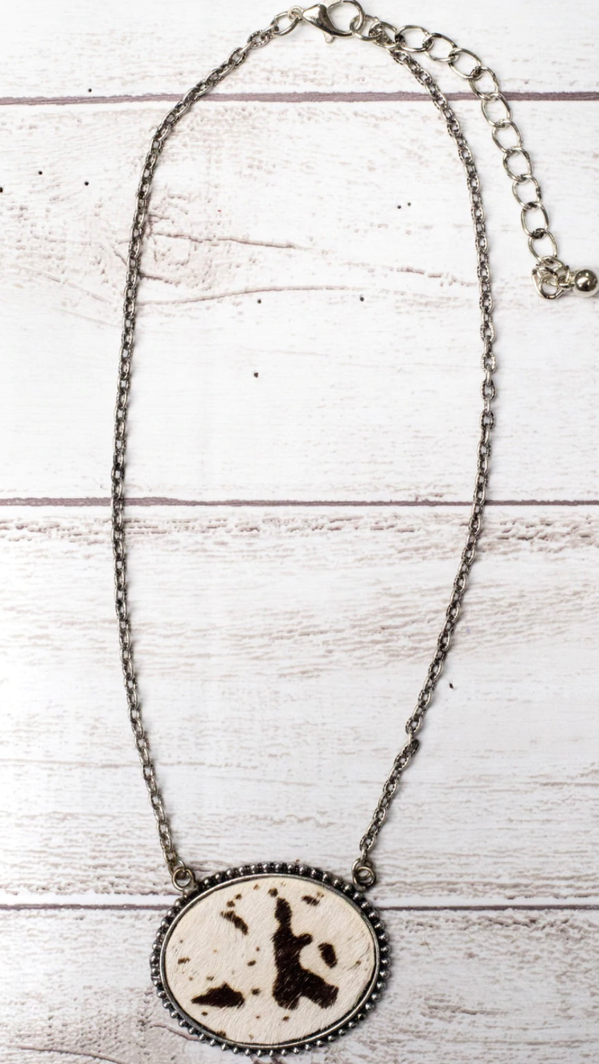 Short Silver Chain Necklace With Cowhide Pendant