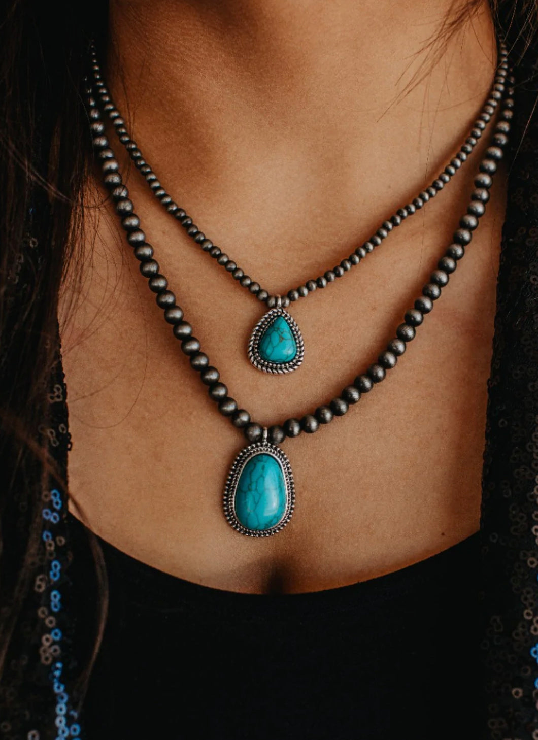 Take Me Away Two Strand Silver With Turquoise Necklace