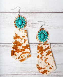 Rodeo Sweetheart Turquoise Floral Concho Light Brown Cowhide Fringe Earrings