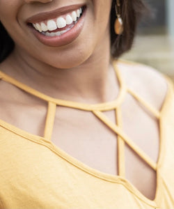 Vinyard Day, Caged Neckline Tee, Mustard