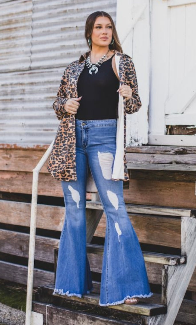 Mid Wash Extreme Flare Distressed Jeans