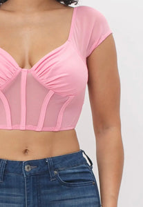 Mesh Front Shirring Solid Corset Style Crop Top