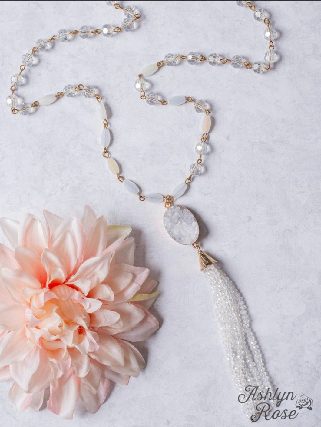 Glamorous Always White Druzy Stone Pendant Clear Beaded Tassel Necklace