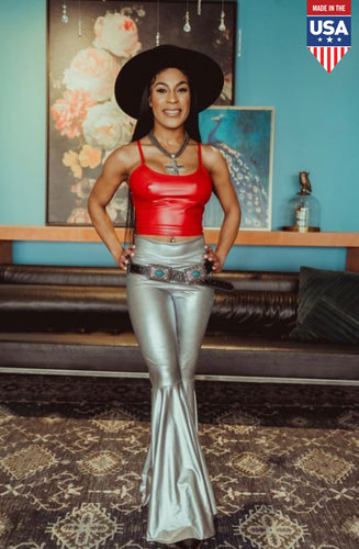Solid Stretch Silver Faux Leather Wide Bell Bottoms