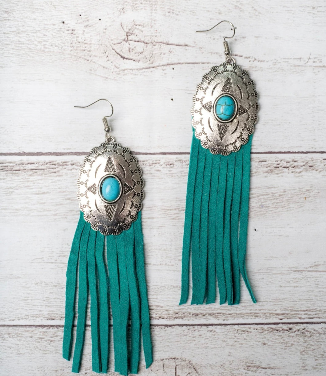 Rebel Like Reba Turquoise Concho With Turquoise Fringe Earrings