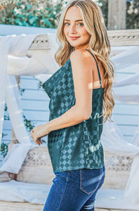 Teal Satin Checkerboard Cowl Neck Camisole Top