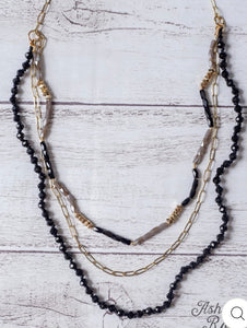 New York City Nights Black Crystal Layered Gold Linked Chain Necklace