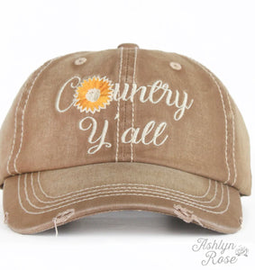 Country Y'all with Cream Embroidery on Distressed Brown Hat