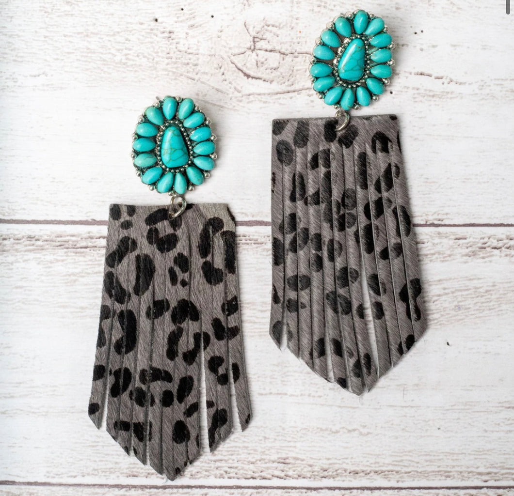 I'll Be Your Ranch Hand Turquoise Floral Concho With Grey Leopard Fringe Earrings