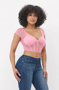 Mesh Front Shirring Solid Corset Style Crop Top