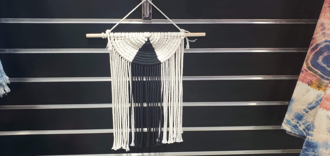 Medium Black & White Macrame Wall Hanger With Fringe