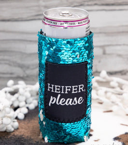 Peachy Keen Heifer Please Turquoise Sequin Can Cooler for Slim Can