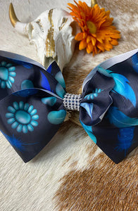 Black / Turquoise Jewel & Feather Printed 7.5” Wide Bow