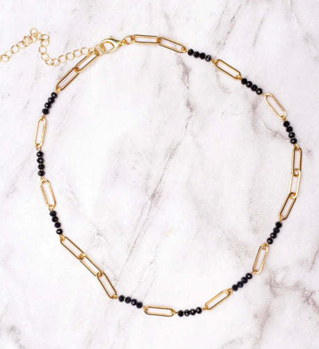 Meet Me At The Gala Black Crystal Beads Paperclip Gold Chain Necklace