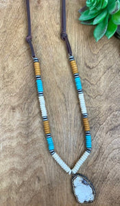 COWGIRL CHIC RHINESTONE WHITE STONE SLAB MIXED DISK BEAD BROWN FAUX LEATHER NECKLACE