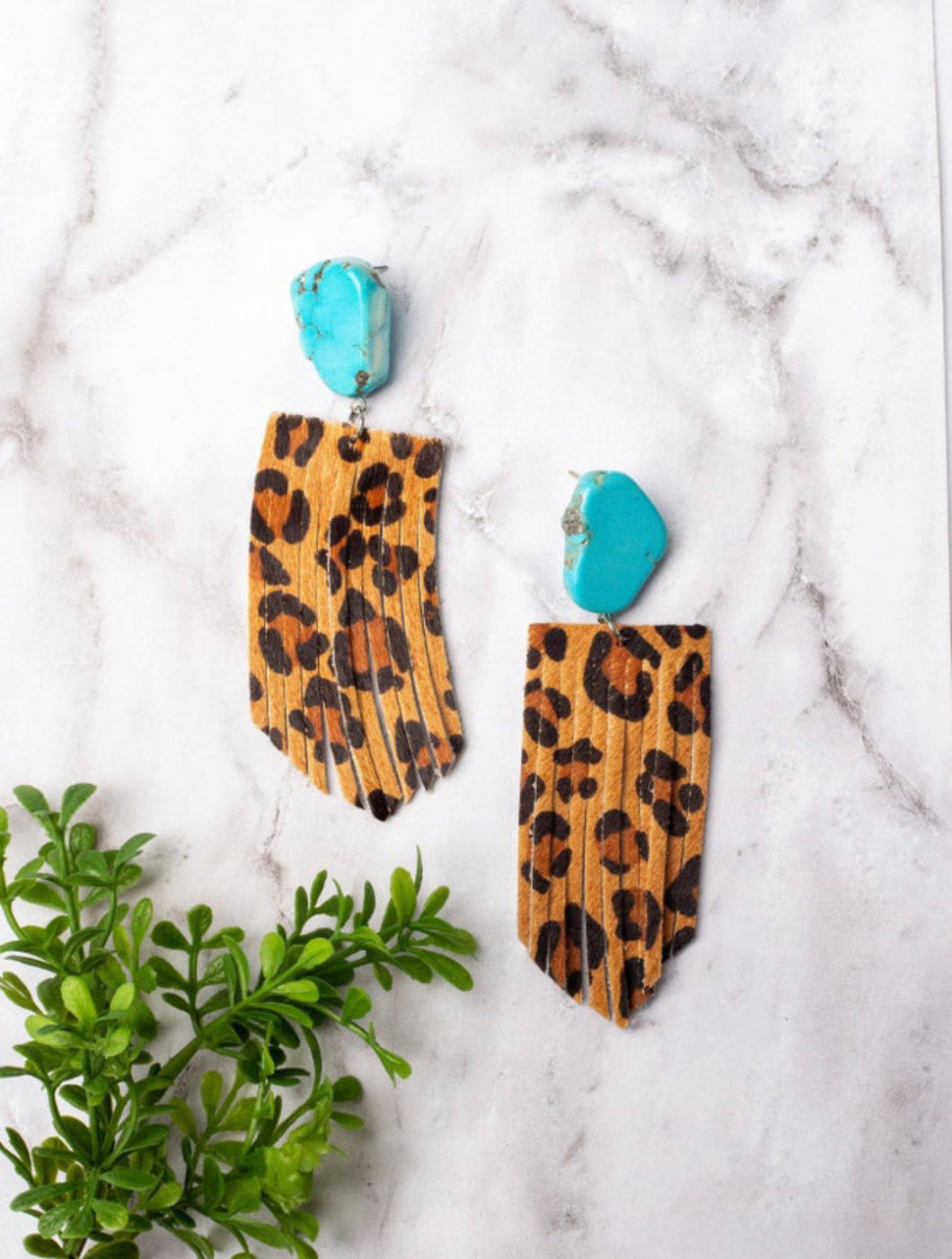 Let’s Go Girls Turquoise Slab Stud With Brown Leopard Fringe Earrings